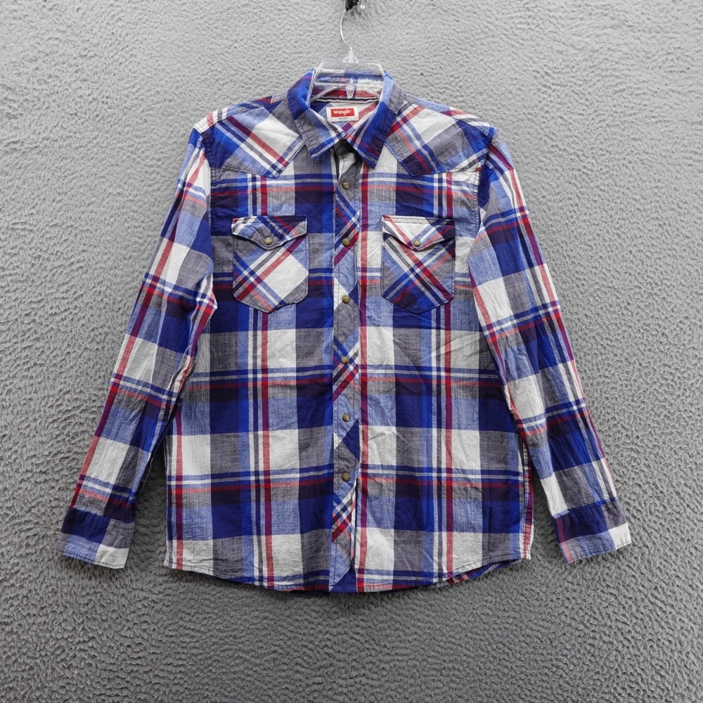 Wrangler Plaid Western Shirt Large Red Blue White‎ Snap Long Sleeve Mens Stretch